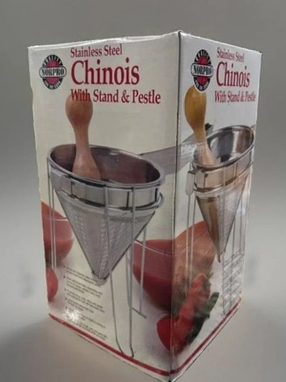 NIB Norpro Stainless Steel Chinois With Stand & Rubberwood Pestle, 3-Piece Set